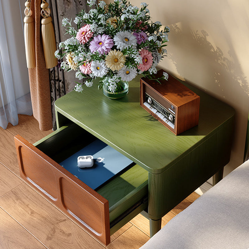 Mesita de noche retro de madera maciza de fresno - mesilla de 1 cajón para dormitorio con tirador oculto y panel empotrado 