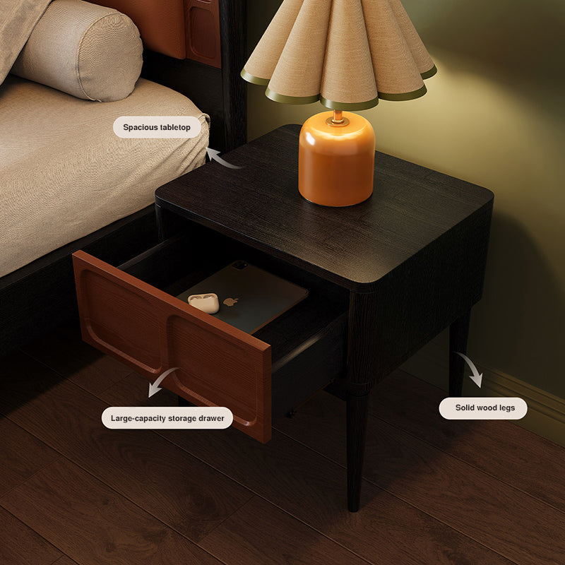 Mesita de noche retro de madera maciza de fresno - mesilla de 1 cajón para dormitorio con tirador oculto y panel empotrado 
