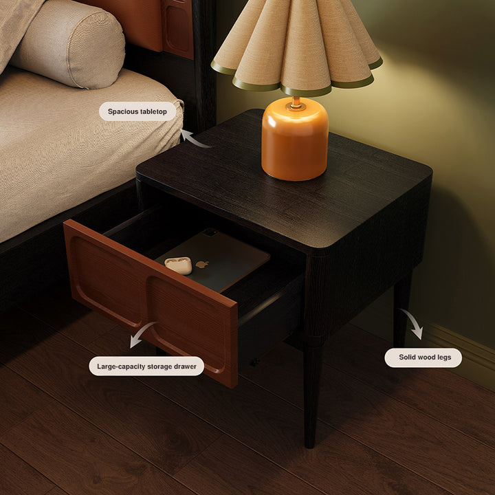 Mesita de noche retro de madera maciza de fresno - mesilla de 1 cajón para dormitorio con tirador oculto y panel empotrado 