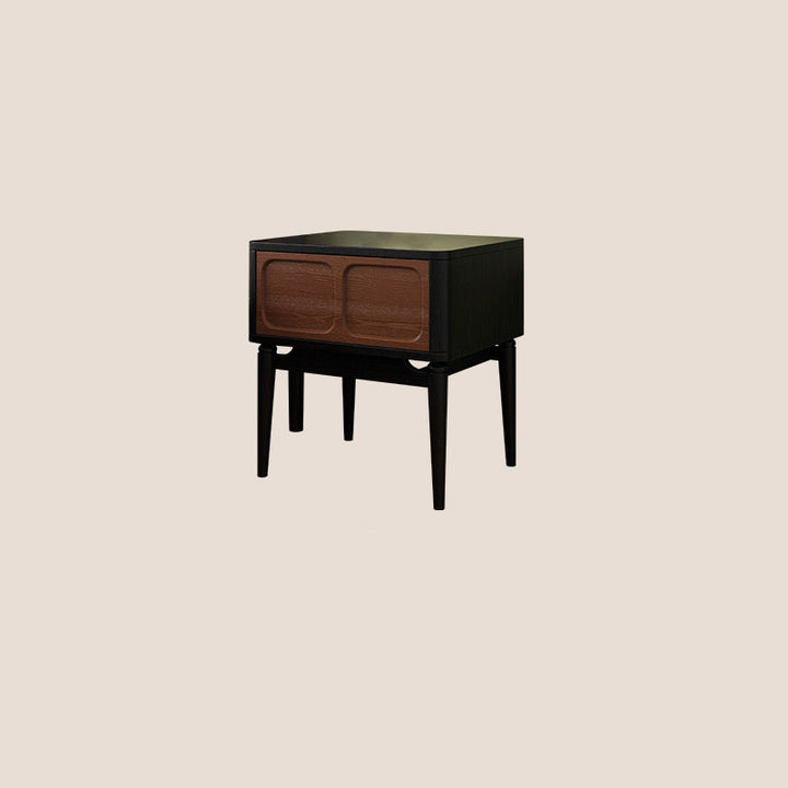 Mesita de noche retro de madera maciza de fresno - mesilla de 1 cajón para dormitorio con tirador oculto y panel empotrado 