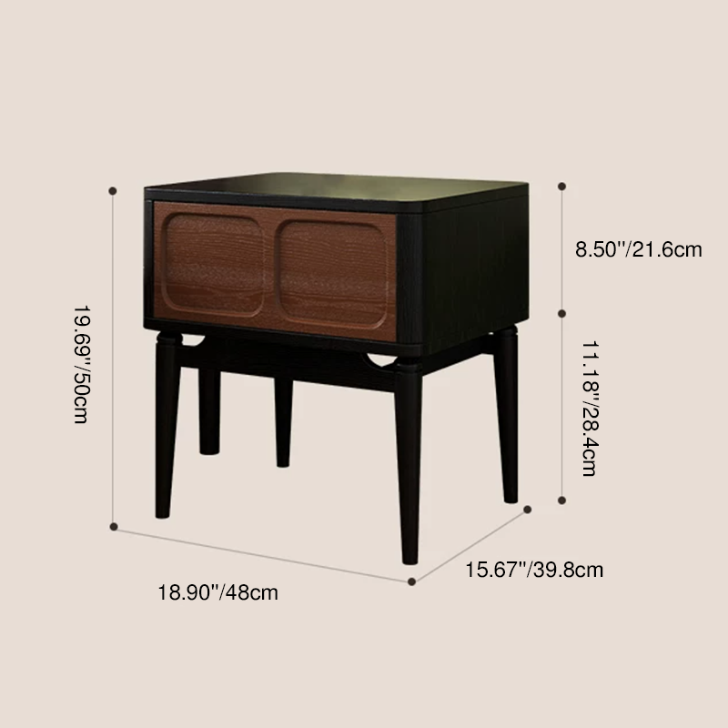 Mesita de noche retro de madera maciza de fresno - mesilla de 1 cajón para dormitorio con tirador oculto y panel empotrado 