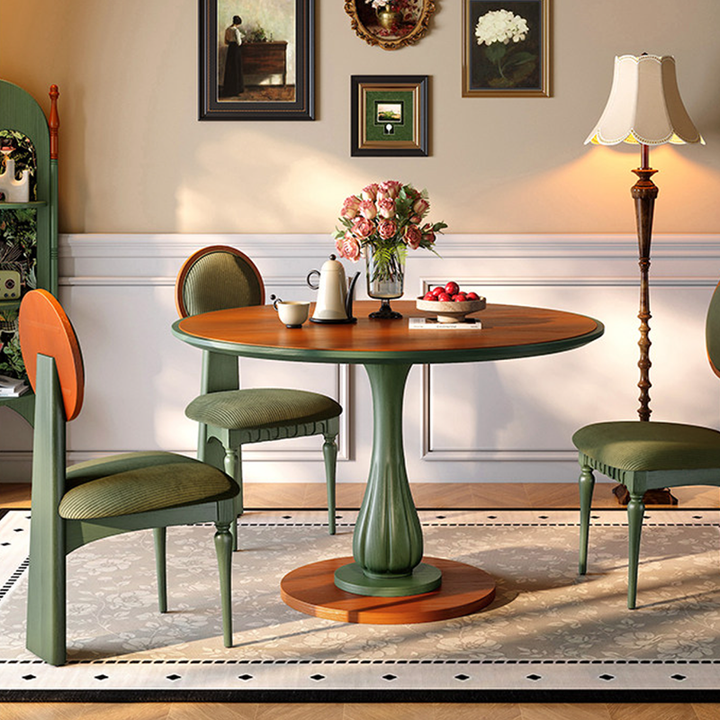 Mid-Century Round Thick Top Dining Table - Moisture-Resistant Ash Wood Stable Pedestal Leg Table For 2-4 Seats