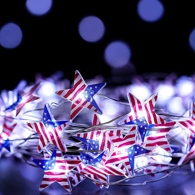 Lumière LED à cordes avec boîte à piles étanche, drapeau peint lumineux, 30/50 lumières, décoration moderne Art Déco pour le jour de l'indépendance, pour jardin 