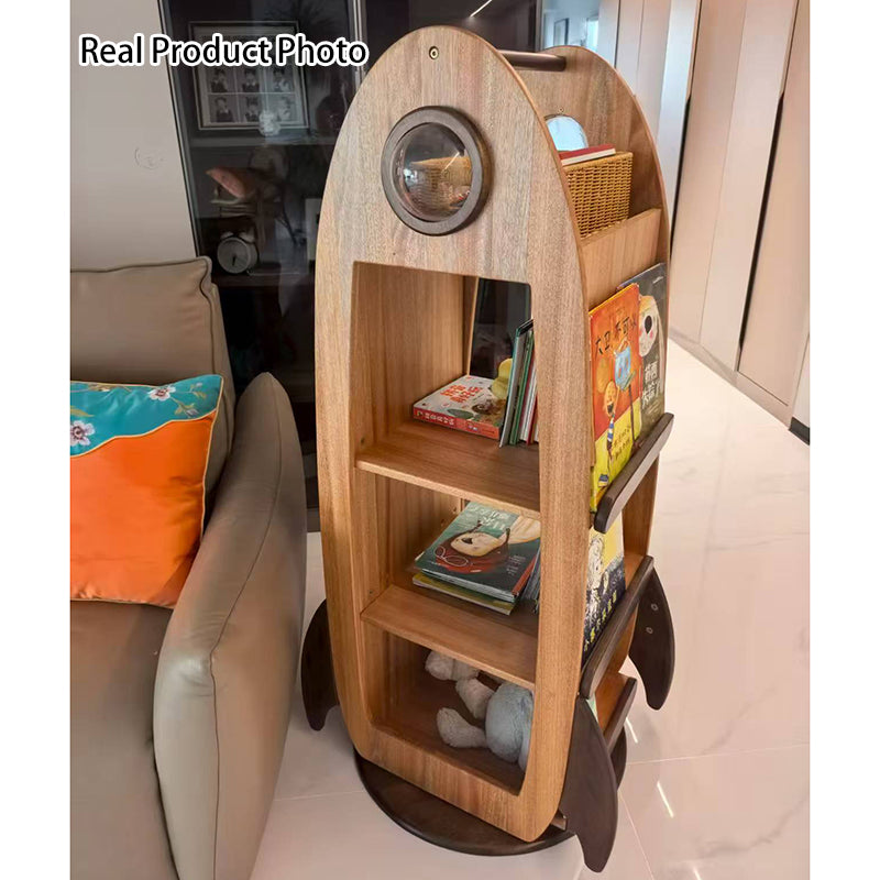 Bibliothèque pivotante en bois massif de style fusée, créative et contemporaine, avec rangement à 4 niveaux pour salon et chambre à coucher 