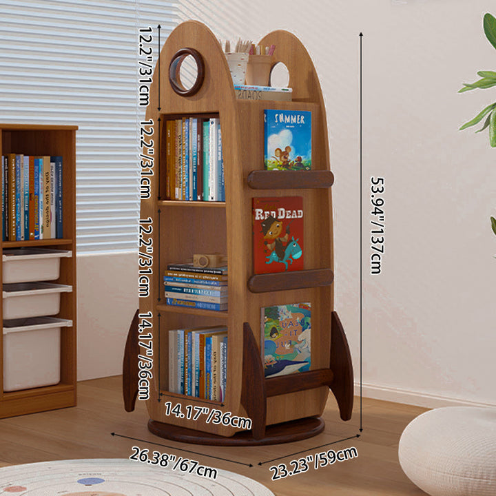Bibliothèque pivotante en bois massif de style fusée, créative et contemporaine, avec rangement à 4 niveaux pour salon et chambre à coucher 