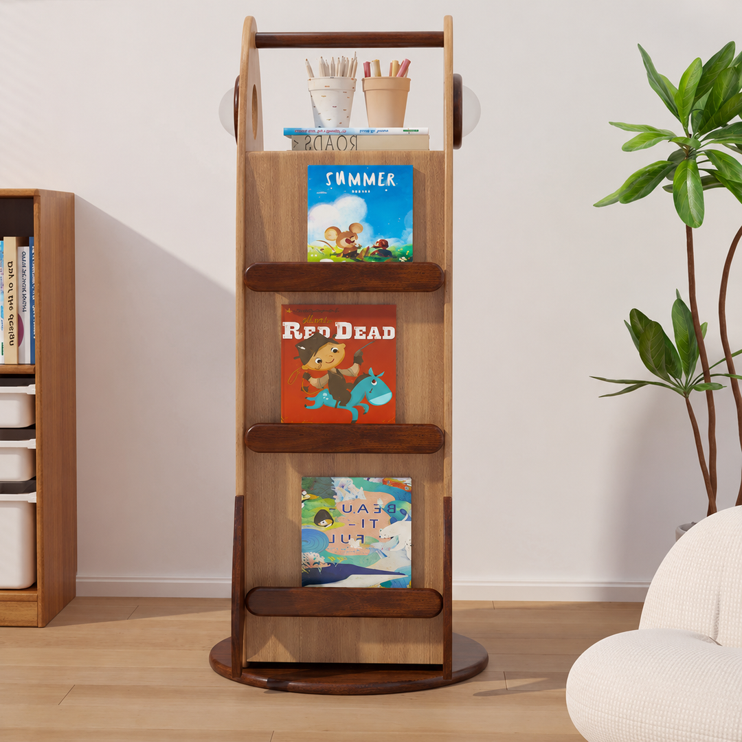 Estantería giratoria contemporánea y creativa con forma de cohete, de madera maciza, herrajes y plástico, con almacenamiento de 4 niveles para sala de estar y dormitorio 