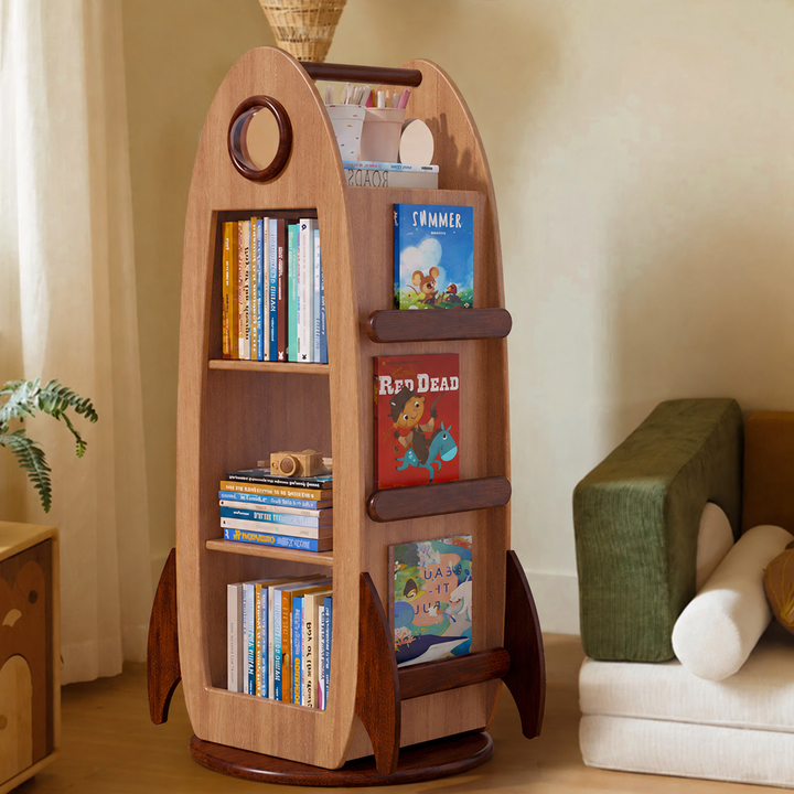 Contemporary Creative Solid Wood  Hardware Plastic Rocket-Shaped Swivel Bookshelf With 4-Tier Storage For Living Room & Bedroom