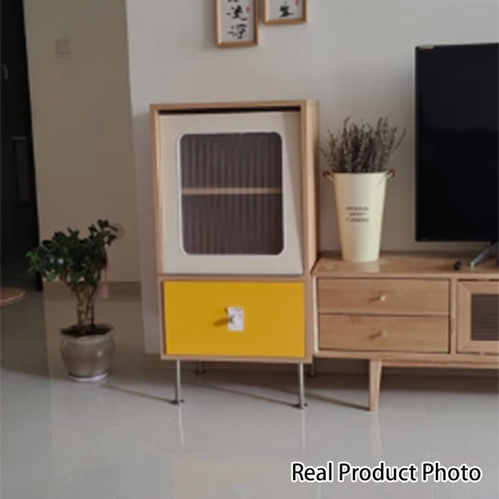 Aparador rectangular contemporáneo escandinavo de tablero de partículas, acrílico y acero inoxidable con 1 cajón para sala de estar 