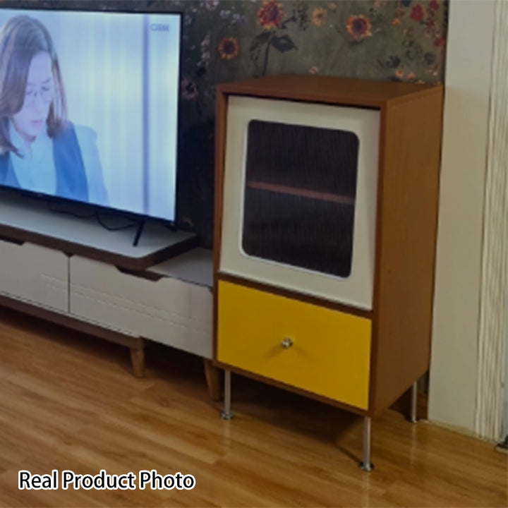 Aparador rectangular contemporáneo escandinavo de tablero de partículas, acrílico y acero inoxidable con 1 cajón para sala de estar 