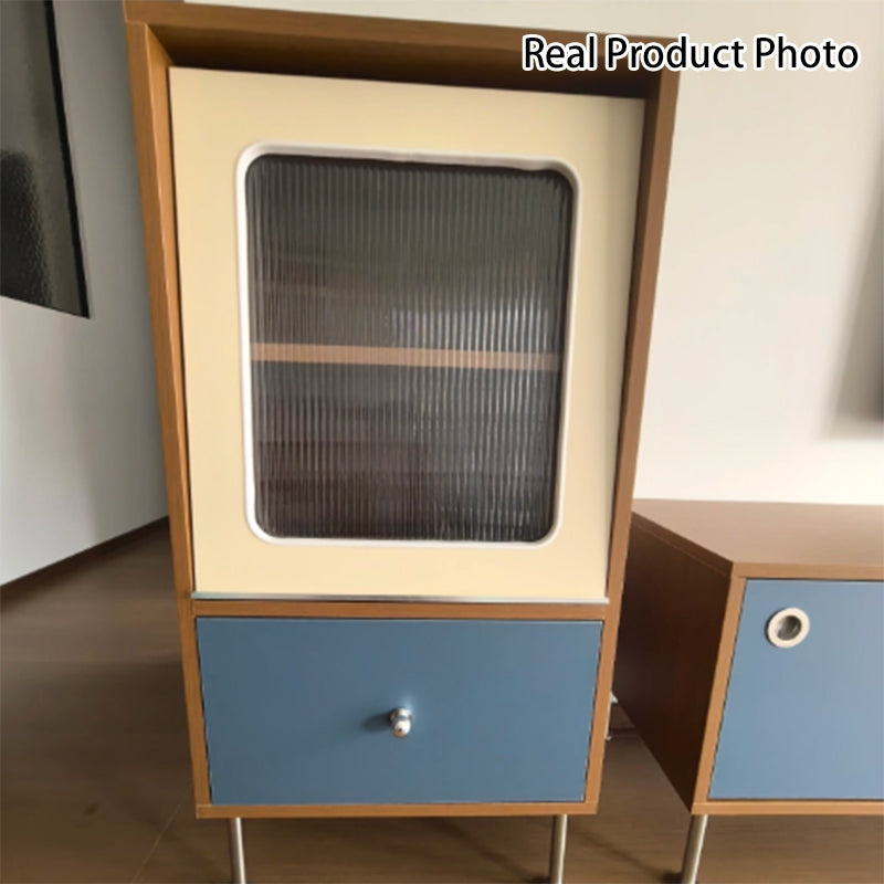 Aparador rectangular contemporáneo escandinavo de tablero de partículas, acrílico y acero inoxidable con 1 cajón para sala de estar 
