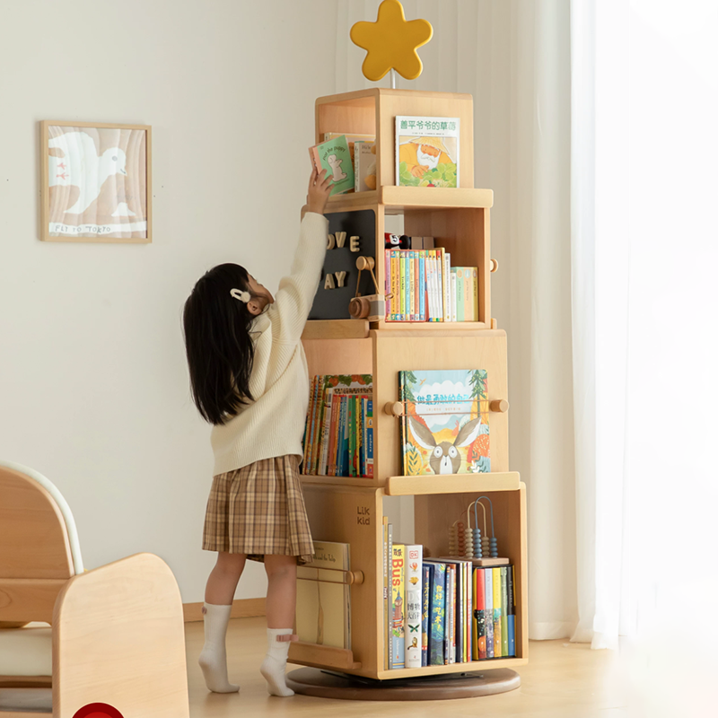 Contemporary Nordic Solid Beech Wood Rotating Kids Bookshelf - 4 Tier Children’s Book &amp; Toy Storage Organizer With Chalkboard Panels