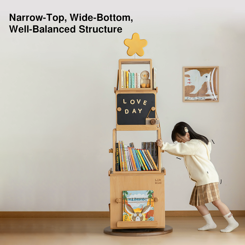 Contemporary Nordic Solid Beech Wood Rotating Kids Bookshelf - 4 Tier Children’s Book &amp; Toy Storage Organizer With Chalkboard Panels
