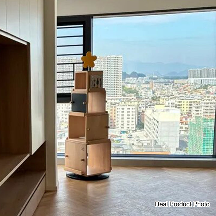 Contemporary Nordic Solid Beech Wood Rotating Kids Bookshelf - 4 Tier Children’s Book &amp; Toy Storage Organizer With Chalkboard Panels