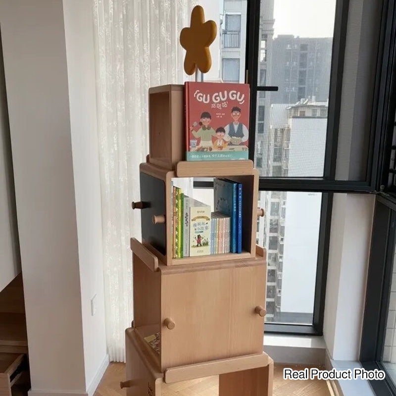 Contemporary Nordic Solid Beech Wood Rotating Kids Bookshelf - 4 Tier Children’s Book &amp; Toy Storage Organizer With Chalkboard Panels