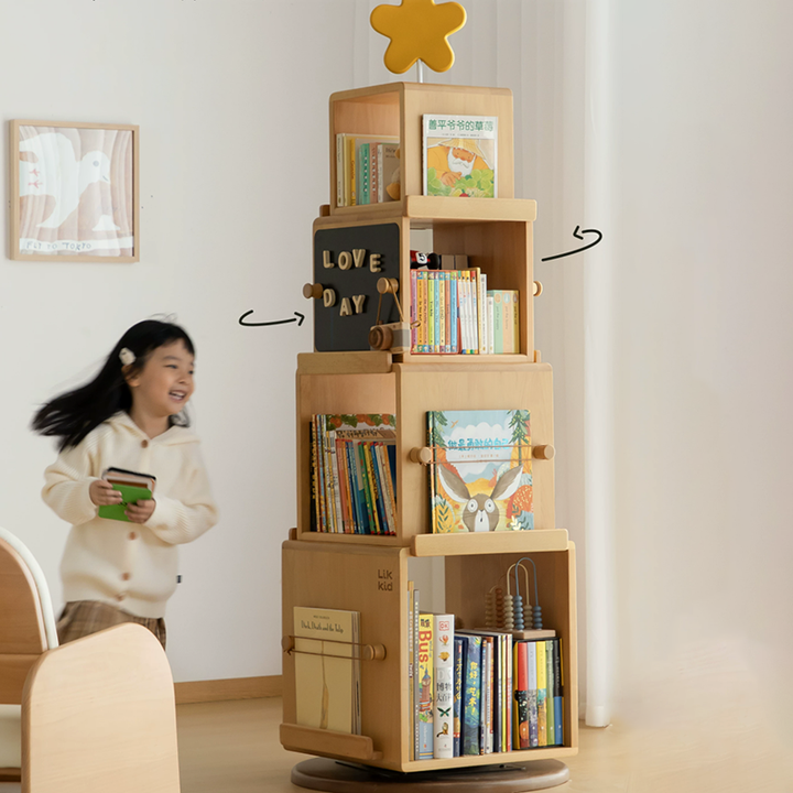 Contemporary Nordic Solid Beech Wood Rotating Kids Bookshelf - 4 Tier Children’s Book &amp; Toy Storage Organizer With Chalkboard Panels