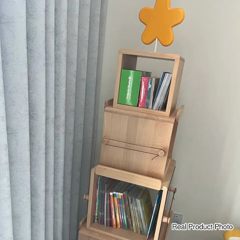 Contemporary Nordic Solid Beech Wood Rotating Kids Bookshelf - 4 Tier Children’s Book &amp; Toy Storage Organizer With Chalkboard Panels