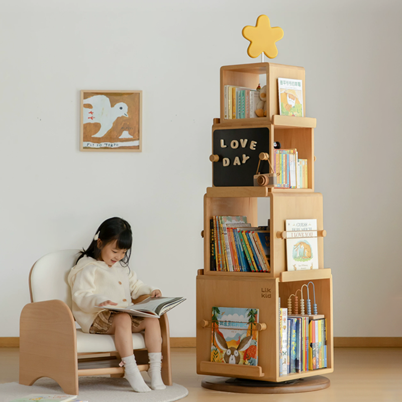 Contemporary Nordic Solid Beech Wood Rotating Kids Bookshelf - 4 Tier Children’s Book &amp; Toy Storage Organizer With Chalkboard Panels
