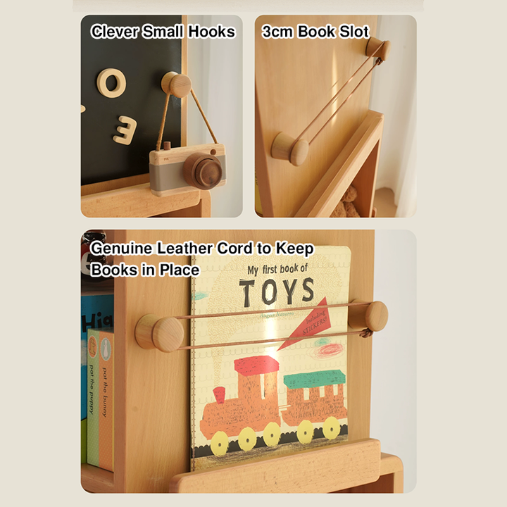 Contemporary Nordic Solid Beech Wood Rotating Kids Bookshelf - 4 Tier Children’s Book &amp; Toy Storage Organizer With Chalkboard Panels