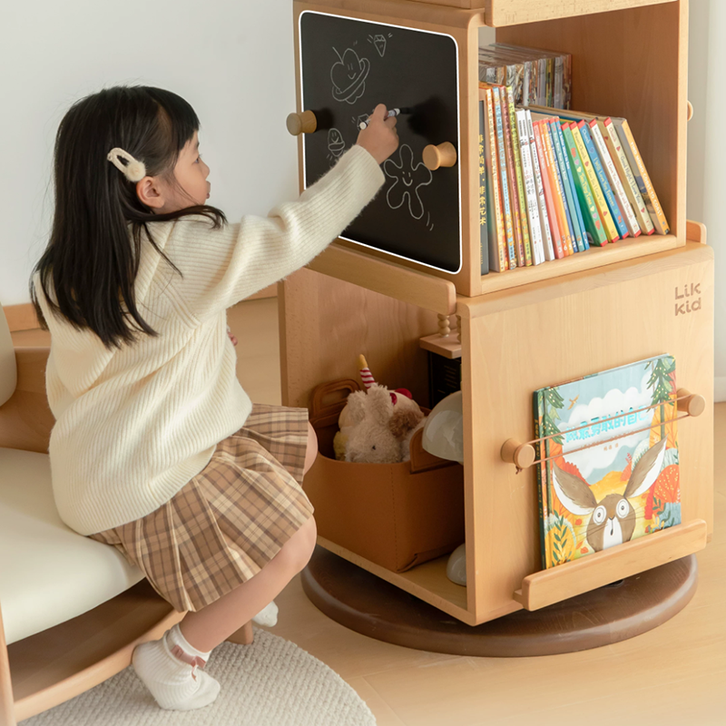 Contemporary Nordic Solid Beech Wood Rotating Kids Bookshelf - 4 Tier Children’s Book &amp; Toy Storage Organizer With Chalkboard Panels