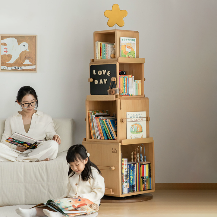 Contemporary Nordic Solid Beech Wood Rotating Kids Bookshelf - 4 Tier Children’s Book &amp; Toy Storage Organizer With Chalkboard Panels