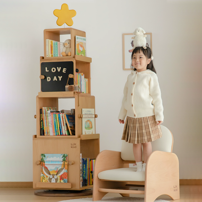 Contemporary Nordic Solid Beech Wood Rotating Kids Bookshelf - 4 Tier Children’s Book &amp; Toy Storage Organizer With Chalkboard Panels