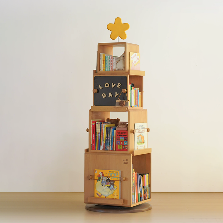 Contemporary Nordic Solid Beech Wood Rotating Kids Bookshelf - 4 Tier Children’s Book & Toy Storage Organizer With Chalkboard Panels