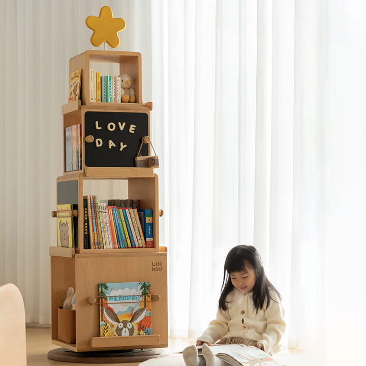 Contemporary Nordic Solid Beech Wood Rotating Kids Bookshelf - 4 Tier Children’s Book &amp; Toy Storage Organizer With Chalkboard Panels