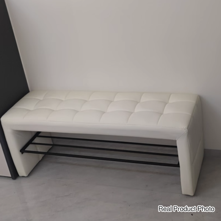 Moderner luxuriöser Schuhbank aus Kunstleder, Massivholz und Sperrholz in rechteckiger Form mit offener Ablage für den Eingangsbereich 