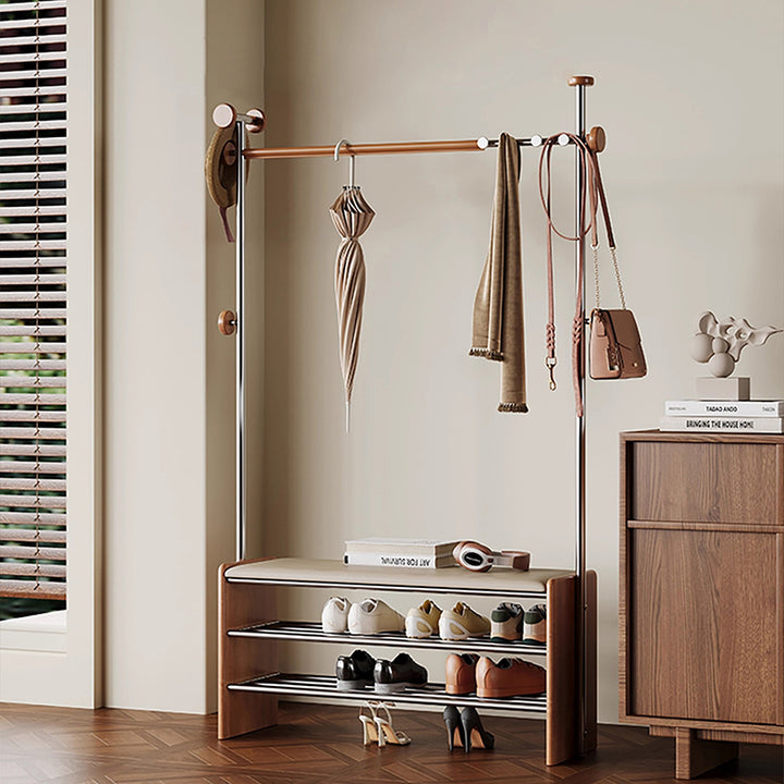 Zeitgenössische rechteckige Garderobe mit Schuhbank im Retro-Stil aus Kautschukholz, Edelstahl und Kunstleder, mit Haken, multifunktionale Flur-Organizer-Aufbewahrung 