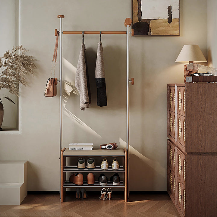 Zeitgenössische rechteckige Garderobe mit Schuhbank im Retro-Stil aus Kautschukholz, Edelstahl und Kunstleder, mit Haken, multifunktionale Flur-Organizer-Aufbewahrung 
