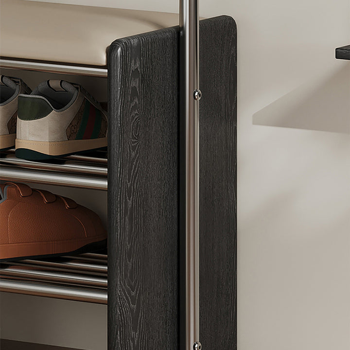 Zeitgenössische rechteckige Garderobe mit Schuhbank im Retro-Stil aus Kautschukholz, Edelstahl und Kunstleder, mit Haken, multifunktionale Flur-Organizer-Aufbewahrung 