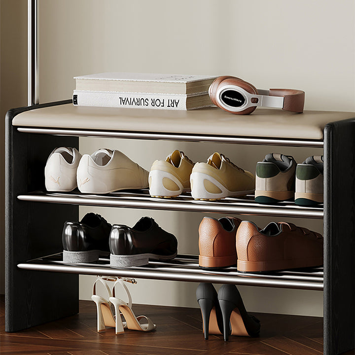 Zeitgenössische rechteckige Garderobe mit Schuhbank im Retro-Stil aus Kautschukholz, Edelstahl und Kunstleder, mit Haken, multifunktionale Flur-Organizer-Aufbewahrung 