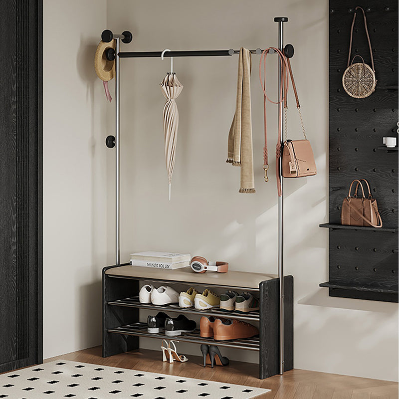 Zeitgenössische rechteckige Garderobe mit Schuhbank im Retro-Stil aus Kautschukholz, Edelstahl und Kunstleder, mit Haken, multifunktionale Flur-Organizer-Aufbewahrung 