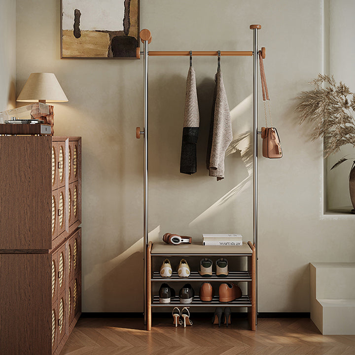 Zeitgenössische rechteckige Garderobe mit Schuhbank im Retro-Stil aus Kautschukholz, Edelstahl und Kunstleder, mit Haken, multifunktionale Flur-Organizer-Aufbewahrung 