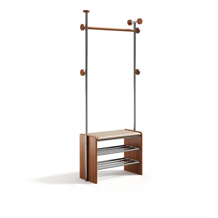 Zeitgenössische rechteckige Garderobe mit Schuhbank im Retro-Stil aus Kautschukholz, Edelstahl und Kunstleder, mit Haken, multifunktionale Flur-Organizer-Aufbewahrung 