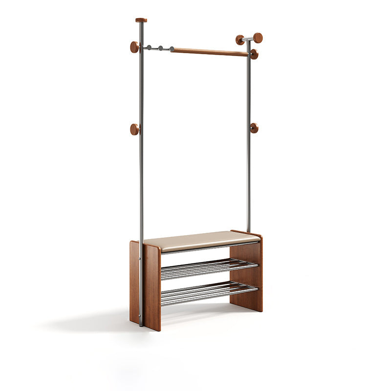 Zeitgenössische rechteckige Garderobe mit Schuhbank im Retro-Stil aus Kautschukholz, Edelstahl und Kunstleder, mit Haken, multifunktionale Flur-Organizer-Aufbewahrung 