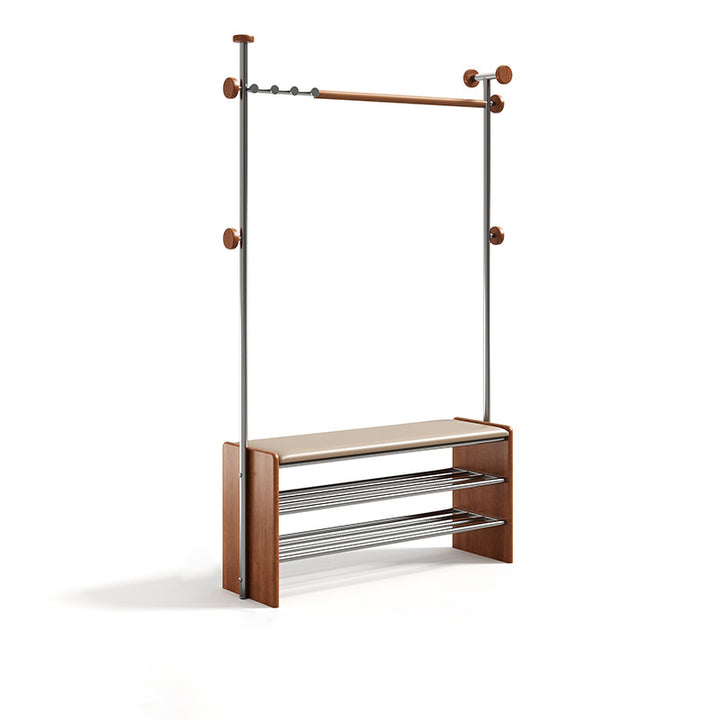 Zeitgenössische rechteckige Garderobe mit Schuhbank im Retro-Stil aus Kautschukholz, Edelstahl und Kunstleder, mit Haken, multifunktionale Flur-Organizer-Aufbewahrung 