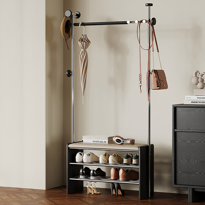 Zeitgenössische rechteckige Garderobe mit Schuhbank im Retro-Stil aus Kautschukholz, Edelstahl und Kunstleder, mit Haken, multifunktionale Flur-Organizer-Aufbewahrung 