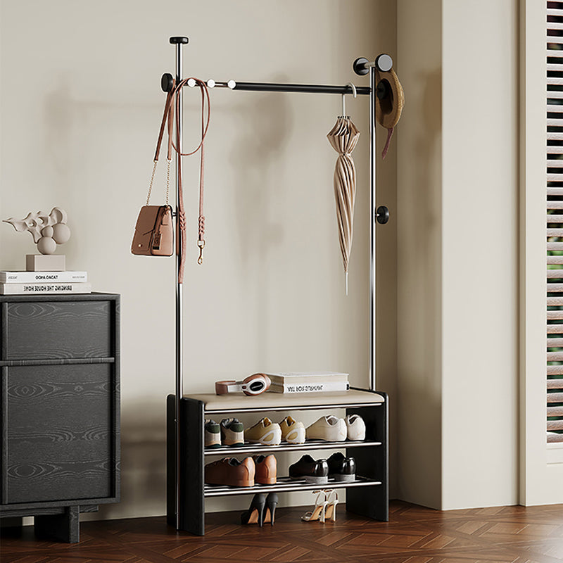 Zeitgenössische rechteckige Garderobe mit Schuhbank im Retro-Stil aus Kautschukholz, Edelstahl und Kunstleder, mit Haken, multifunktionale Flur-Organizer-Aufbewahrung 