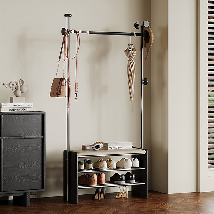 Zeitgenössische rechteckige Garderobe mit Schuhbank im Retro-Stil aus Kautschukholz, Edelstahl und Kunstleder, mit Haken, multifunktionale Flur-Organizer-Aufbewahrung 