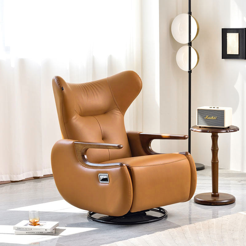 Retro Eco Leather &amp; Solid Wood Metal Swivel Recliner Lounge Chair - Adjustable Rocking Accent Chair With Oak Armrests And Footrests