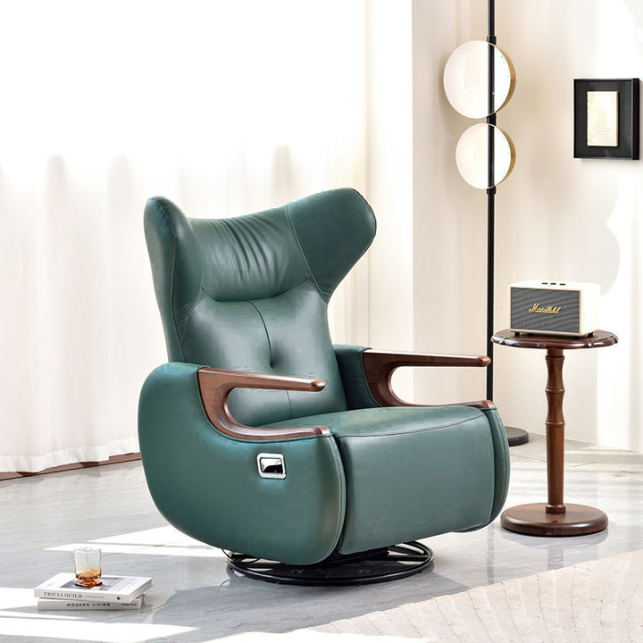 Retro Eco Leather &amp; Solid Wood Metal Swivel Recliner Lounge Chair - Adjustable Rocking Accent Chair With Oak Armrests And Footrests