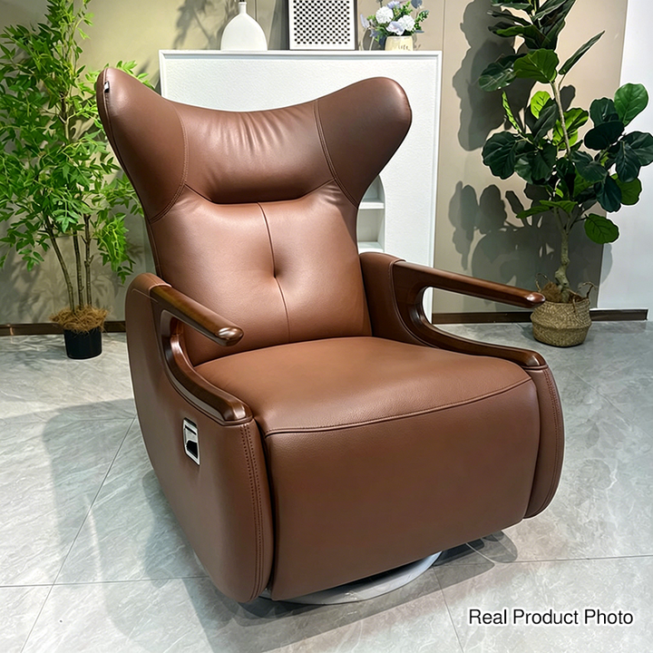 Retro Eco Leather &amp; Solid Wood Metal Swivel Recliner Lounge Chair - Adjustable Rocking Accent Chair With Oak Armrests And Footrests