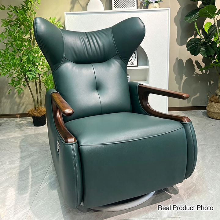 Retro Eco Leather &amp; Solid Wood Metal Swivel Recliner Lounge Chair - Adjustable Rocking Accent Chair With Oak Armrests And Footrests