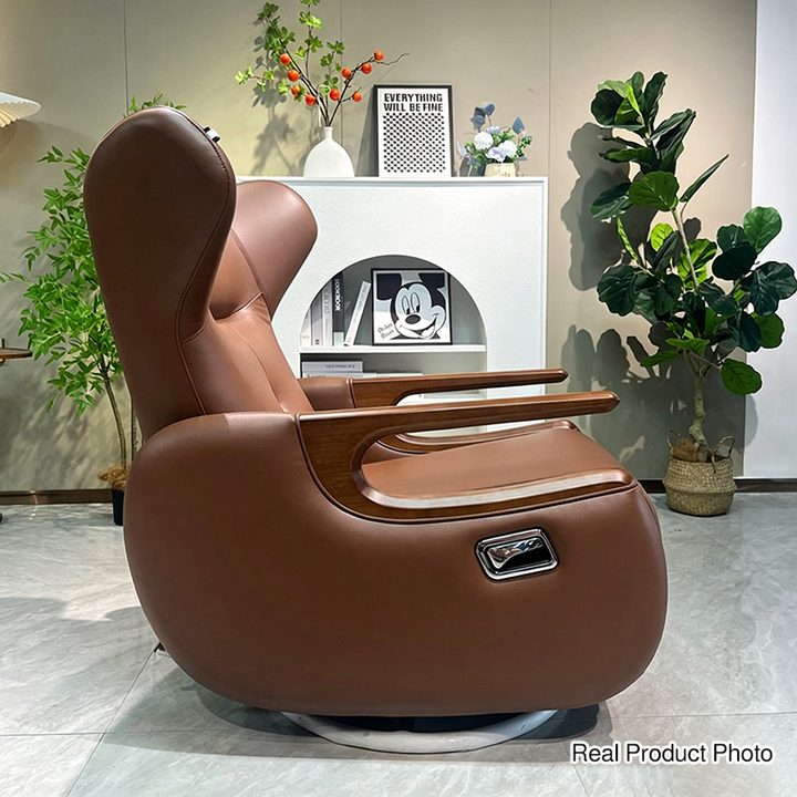 Retro Eco Leather &amp; Solid Wood Metal Swivel Recliner Lounge Chair - Adjustable Rocking Accent Chair With Oak Armrests And Footrests