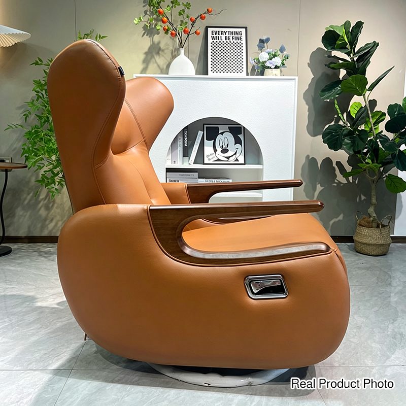 Retro Eco Leather &amp; Solid Wood Metal Swivel Recliner Lounge Chair - Adjustable Rocking Accent Chair With Oak Armrests And Footrests