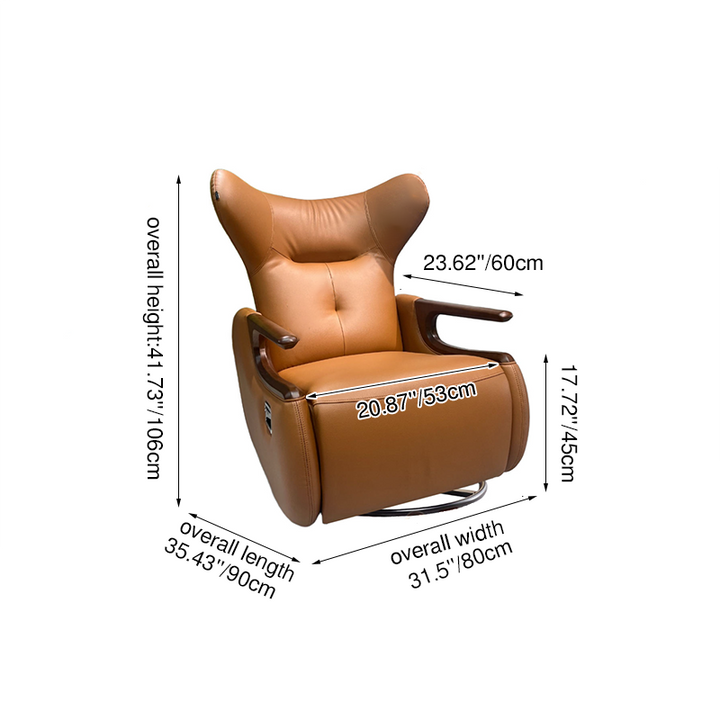 Retro Eco Leather &amp; Solid Wood Metal Swivel Recliner Lounge Chair - Adjustable Rocking Accent Chair With Oak Armrests And Footrests