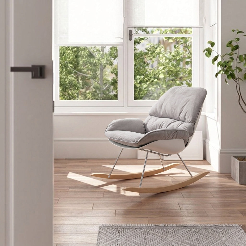Contemporary Nordic Upholstered Rocking Chair - Ergonomic Steel PP Fabric Solid Wood Lounge Chair For Living Room, Bedroom &amp; Reading Nook