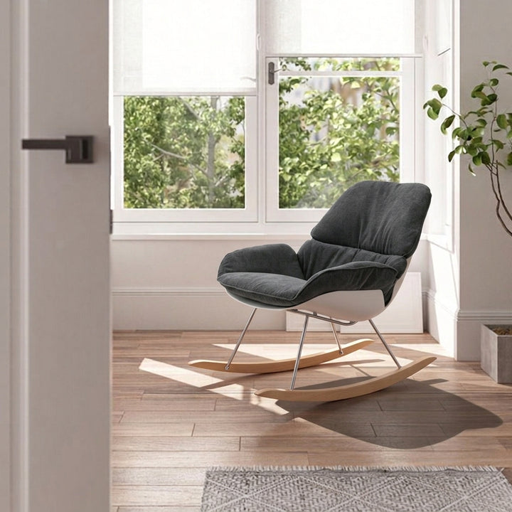 Contemporary Nordic Upholstered Rocking Chair - Ergonomic Steel PP Fabric Solid Wood Lounge Chair For Living Room, Bedroom &amp; Reading Nook