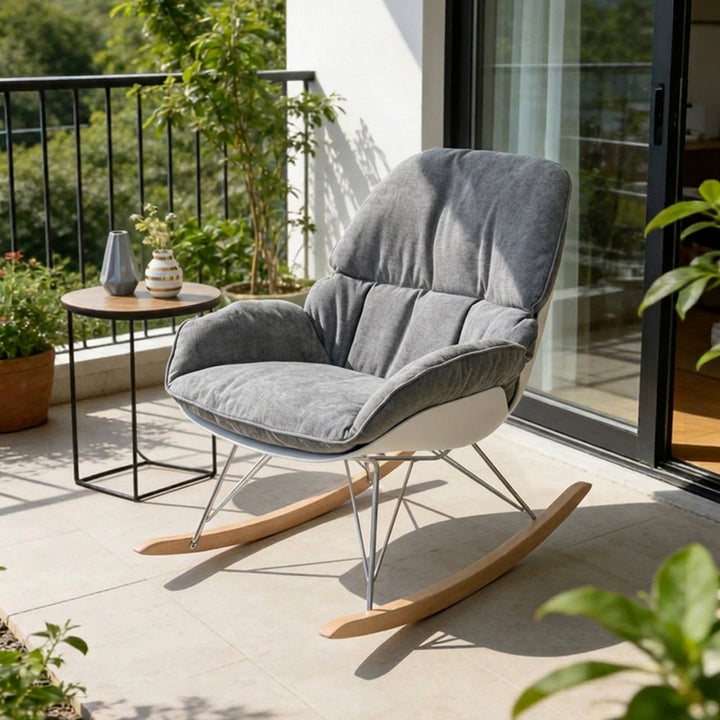 Contemporary Nordic Upholstered Rocking Chair - Ergonomic Steel PP Fabric Solid Wood Lounge Chair For Living Room, Bedroom & Reading Nook
